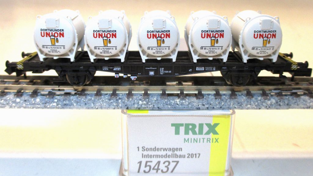Minitrix  15437  Behälter-Tragwagen/2-achs. 'IMA-2017' mit 5 pa-Behältern 'Dortmunder Union' DB-4