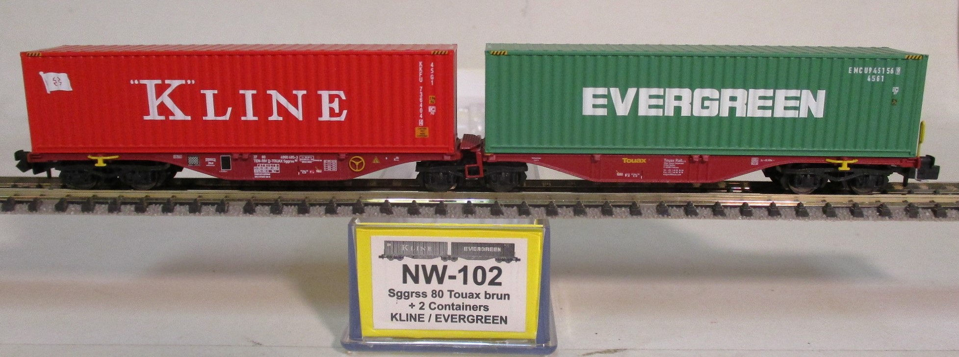 REE NW-102 Containertragwagen/6-achs. 2 x 40ft.Ct 'K-Line' und 'Evergreen'